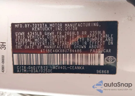 2008 Toyota Camry Le from USA, damaged, VIN 4T1BE46KX8U784486